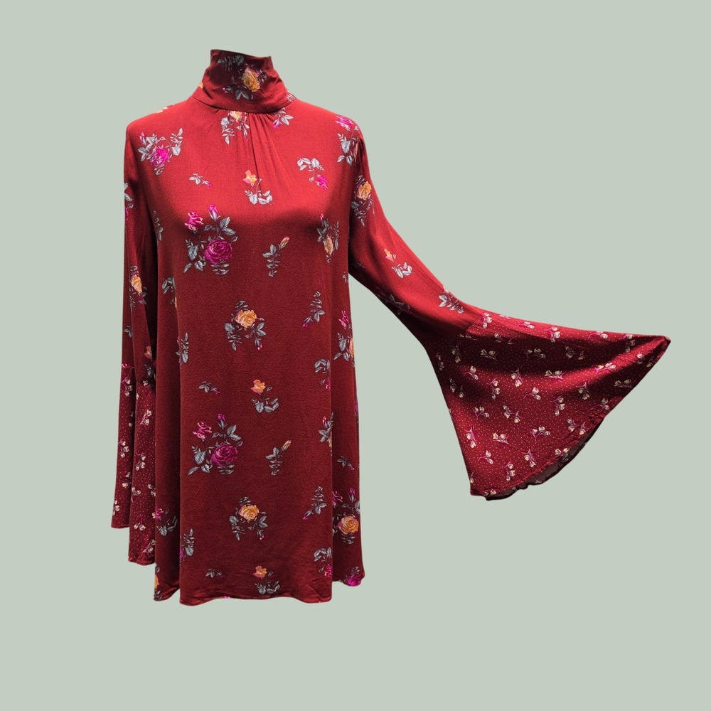 Whimsical Cottagecore Open Back Bell Sleeve Tunic Women M Red Free People